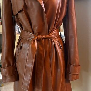 Bagatelle Brown Vegan Leather Trench Coat with Belt and Lapels